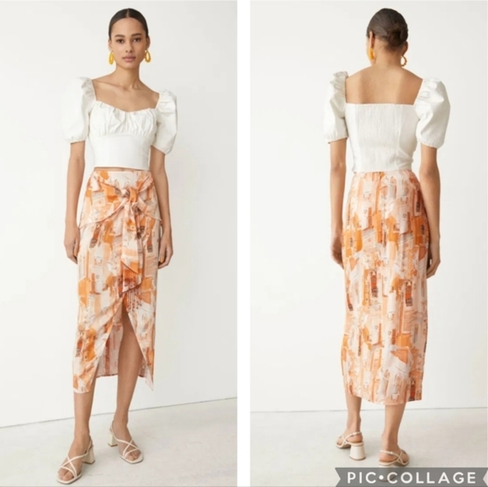 & Other Stories Printed Asymmetric Midi Skirt‎ Terracotta Spring Faux Wrap Cupro
